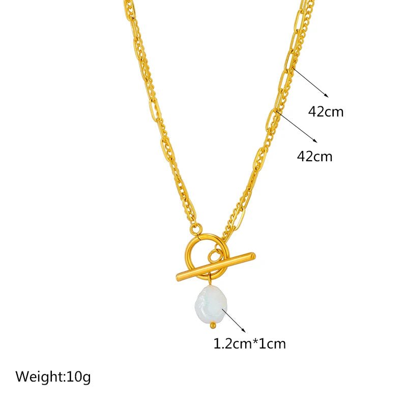 Gold necklace with a pearl pendant, showing measurements and weight on a white background.