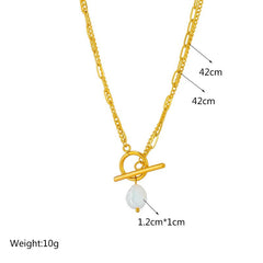 Gold necklace with a pearl pendant, showing measurements and weight on a white background.