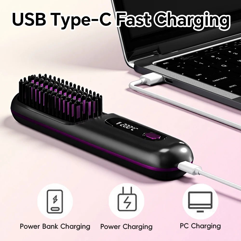 Hair straightener with USB Type-C cable connected to a laptop on a pink background