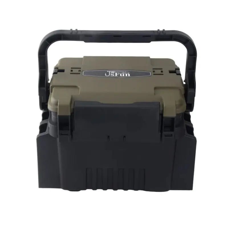 Black and green storage box with a handle on a white background