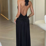 Elegant Halter Maxi Dress with High Slit in Deep Burgundy Black & White Colors