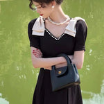 New Fashion Elegant Black Midi Dress Office Party Vintage A-Line V-Neck Pearl Detail Long Dress