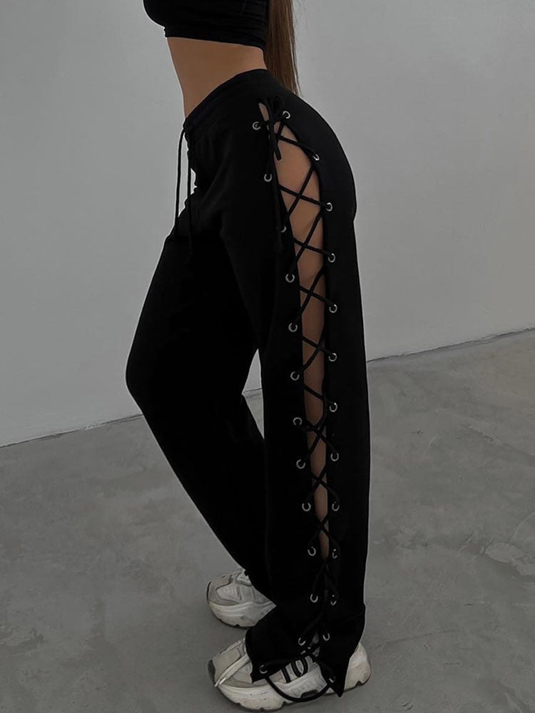 Knitted Slit Hollow Solid Tie Sweatpants