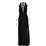 Elegant Halter Maxi Dress with High Slit in Deep Burgundy Black & White Colors