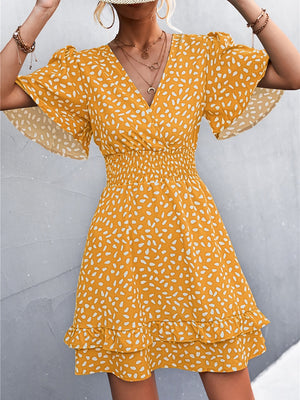 V-Neck Print Mini Dress For Women Short Butterfly Sleeve A-Line Dress