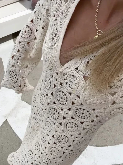 Crochet Midi Dress Women V-Neck Hollowed Out Flare Sleeve Loose Sheer Party Beach Vacation Dress