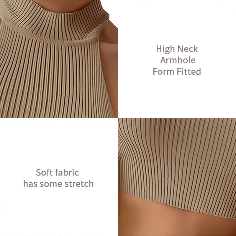 Sleeveless Knit Crop Top for Women Basic Solid Slim Fitted Halter Top Turtleneck Ribbed Vest Y2K High Neck Tops