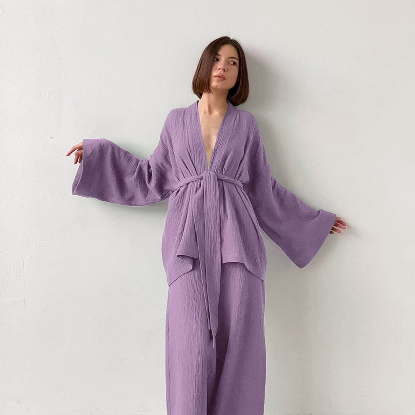 Women's Kimono Style Pajamas Cotton Long Drop Sleeve Flared Pajama Set