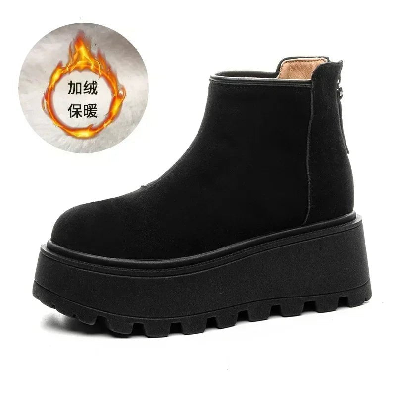 Black platform ankle boot with a fiery graphic and text on a white background