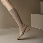 Knitted w/ Faux Leather Knee-High Sock Boots for Women New Fashion Slip On Med Heel Retro Elastic Boots