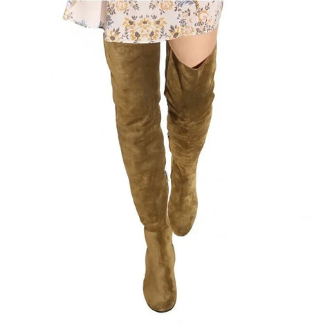 Brown suede over-the-knee boots on a white background