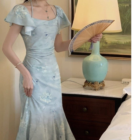 Lace-Up Mermaid Maxi Dress Women Elegant Short Sleeve Slim Party Evening Fashion Dress