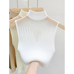 Women's Sleeveless Upper Mesh Turtle Neck Knitted Top Pullovers Top