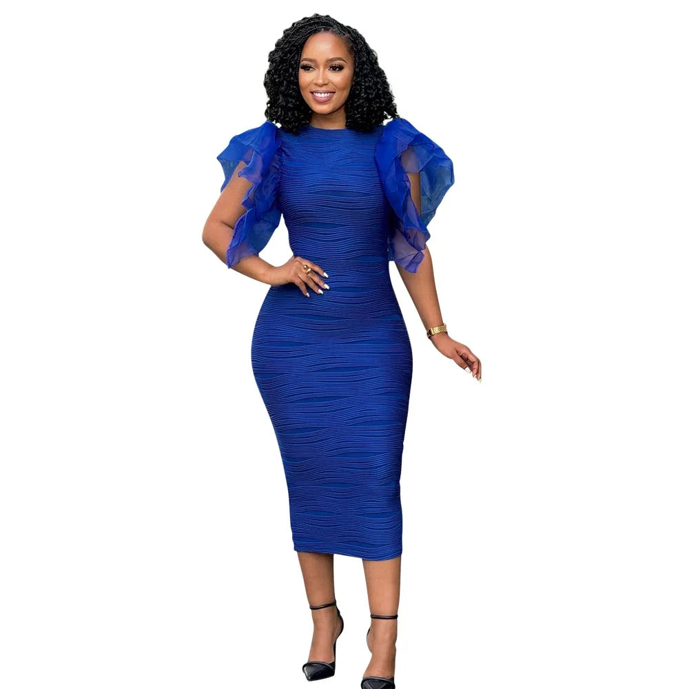 Elegant Hot Striped Bodycon Midi Dress with Sheer Ruffle Sleeves