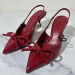 Red Patent Leather Pointed-Toe Slingback Heels with Bow – Chic & Elegant