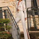 Women's Boutique Fashion Pant Suit Embellished with Beads Pearls and Rhinestones Cropped Jacket and Flare Slit Pants