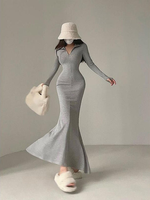 Long Sleeve Rib Knitted Fishtail Maxi Dress Women Tight Slim Zipper Elegant Fashion Dress