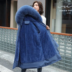 Women's long parka coat with faux fur hood, thick plush lined winter jacket - blue