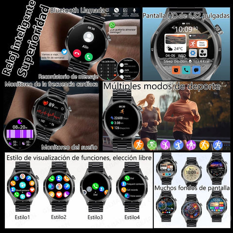 Smartwatch with various features and display styles on a collage.