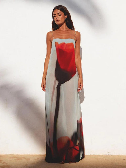 Maxi Dress Women Spaghetti Strap Floral Print Backless Chic Sheer Beach Holiday Summer Casual Dress