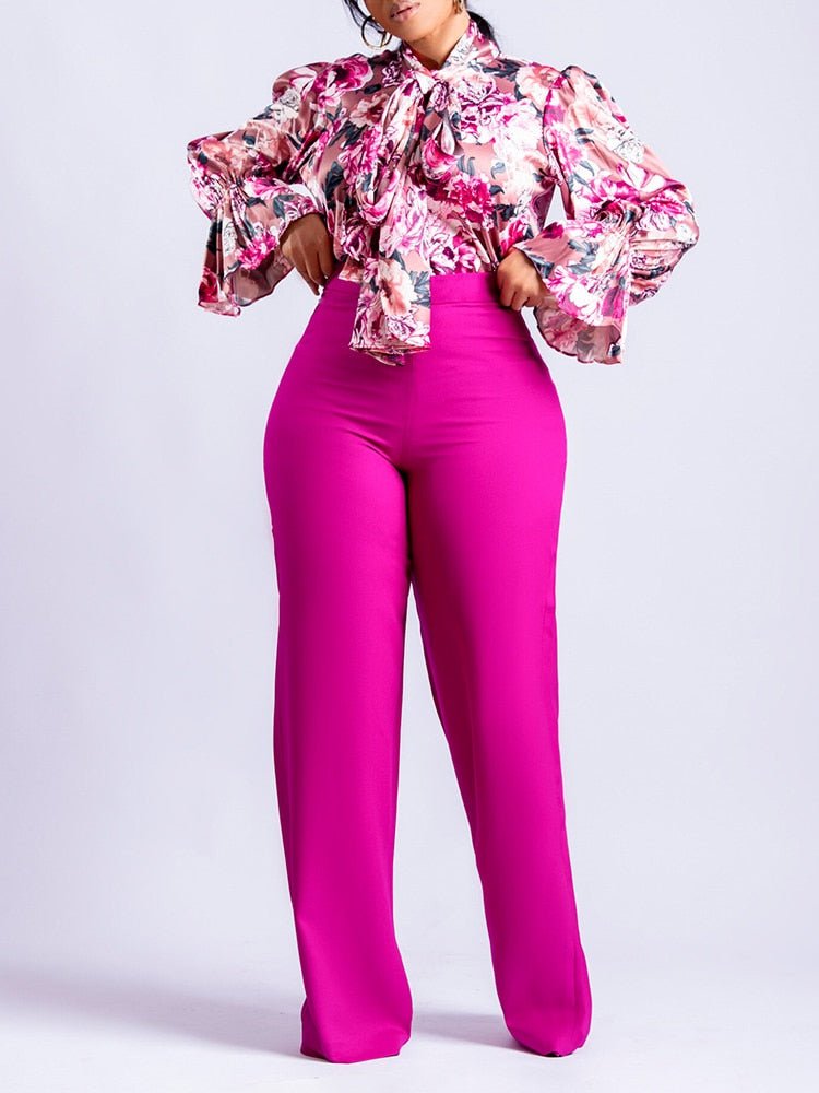 African Print Blouse & High Waist Pant Set Women 2-Piece Long Sleeve Elegant Casual Fashion