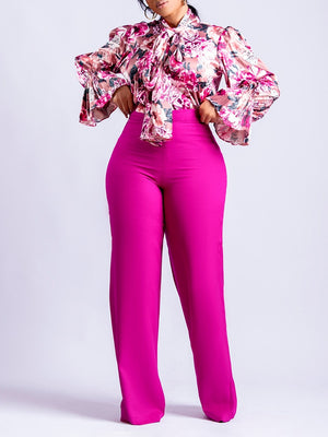 Ladies Two Pieces Set Printed Long Sleeve Blouses & High Waist Pants African Inspired Design