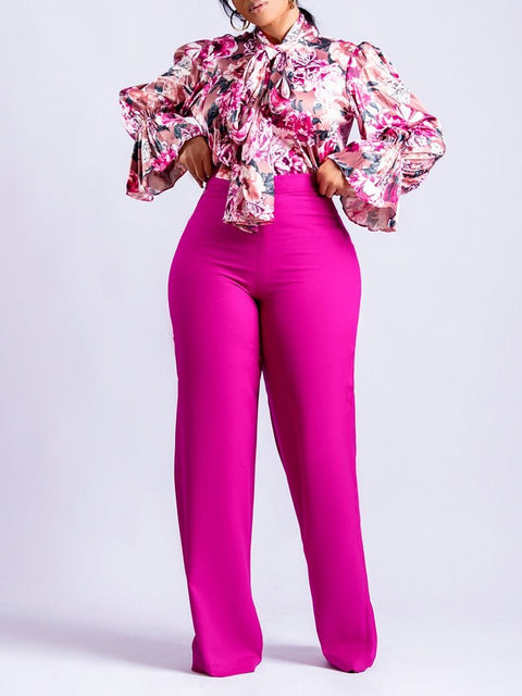 African Print Blouse & High Waist Pant Set Women 2-Piece Long Sleeve Elegant Casual Fashion