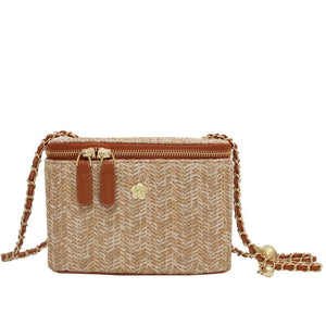 Straw Bucket Crossbody Bag - Fashion Weave Handbag with Chain Chic Shoulder Bags Purses