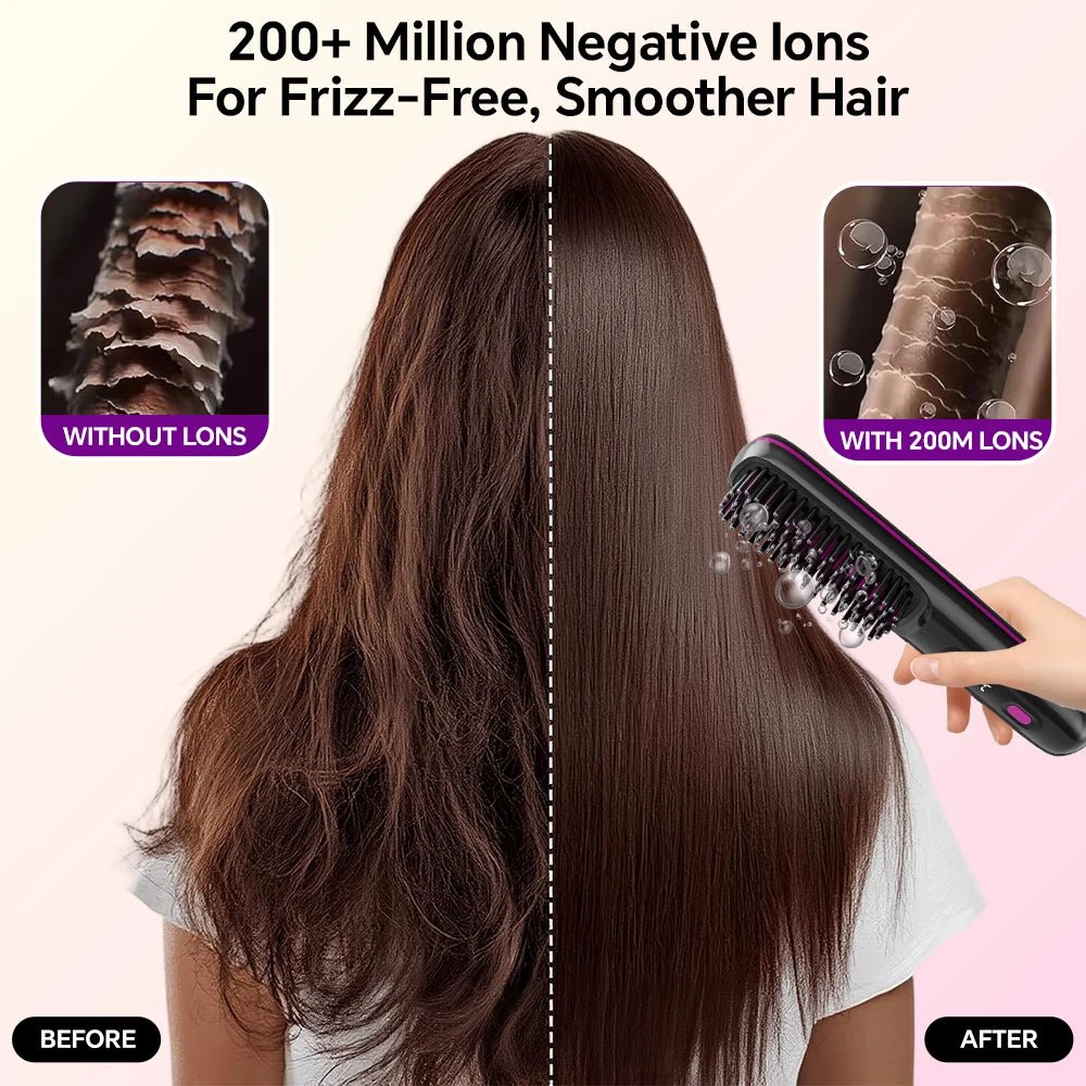Hair straightening brush with before and after effect on hair, showing negative ions for frizz-free hair.