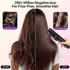 Hair straightening brush with before and after effect on hair, showing negative ions for frizz-free hair.