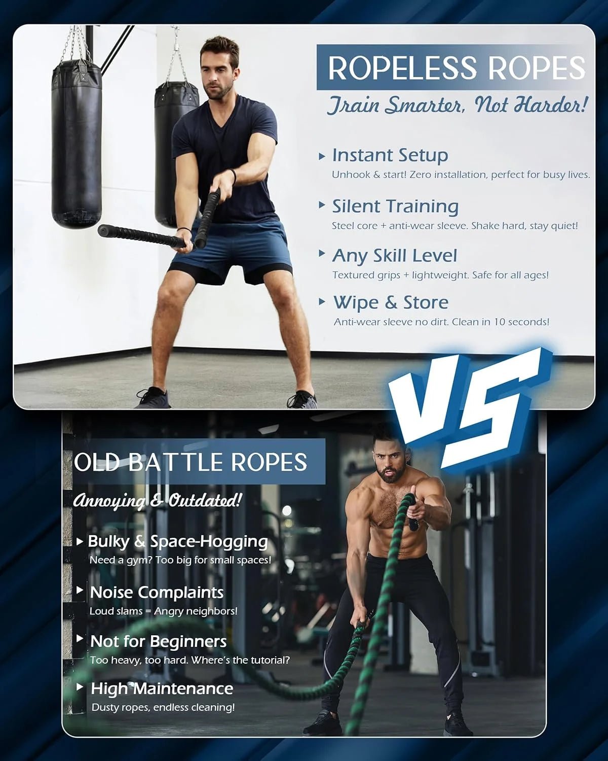 Comparison between ropeless ropes and old battle ropes with text highlighting features.