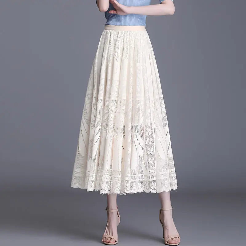 Chic Lace Midi Skirt New Fashion A-Line Long Skirt Big Swing Hollow Out Pleated Gauze Skirt