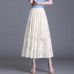 Chic Lace Midi Skirt New Fashion A-Line Long Skirt Big Swing Hollow Out Pleated Gauze Skirt