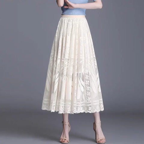 Midi Skirt Women Chic Lace A-Line Long Big Swing Hollow Out Pleated Gauze Elegant Party Skirt