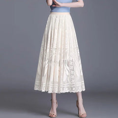 Chic Lace Midi Skirt New Fashion A-Line Long Skirt Big Swing Hollow Out Pleated Gauze Skirt