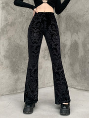 Women's Retro Floral Print Black Pants Gothic High Waist Flare Bootcut Trousers Streetwear Autumn Winter Pants