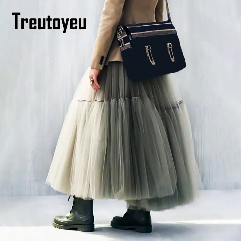 Long Tulle Skirts for Women Gothic Pleated Skirt Casual Party Fairy Core Ruffles Midi Skirt