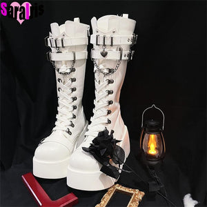 Gothic Mid Calf High Platform Boots for Women High Heel PU Faux Leather Wedge Boots