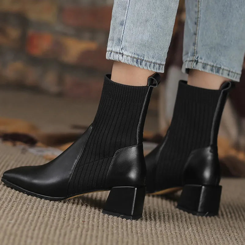 Ankle Boots for Women Fashion Knitted Fabric Upper Shaft Short Boots Women Slip On Square High Heel Boots
