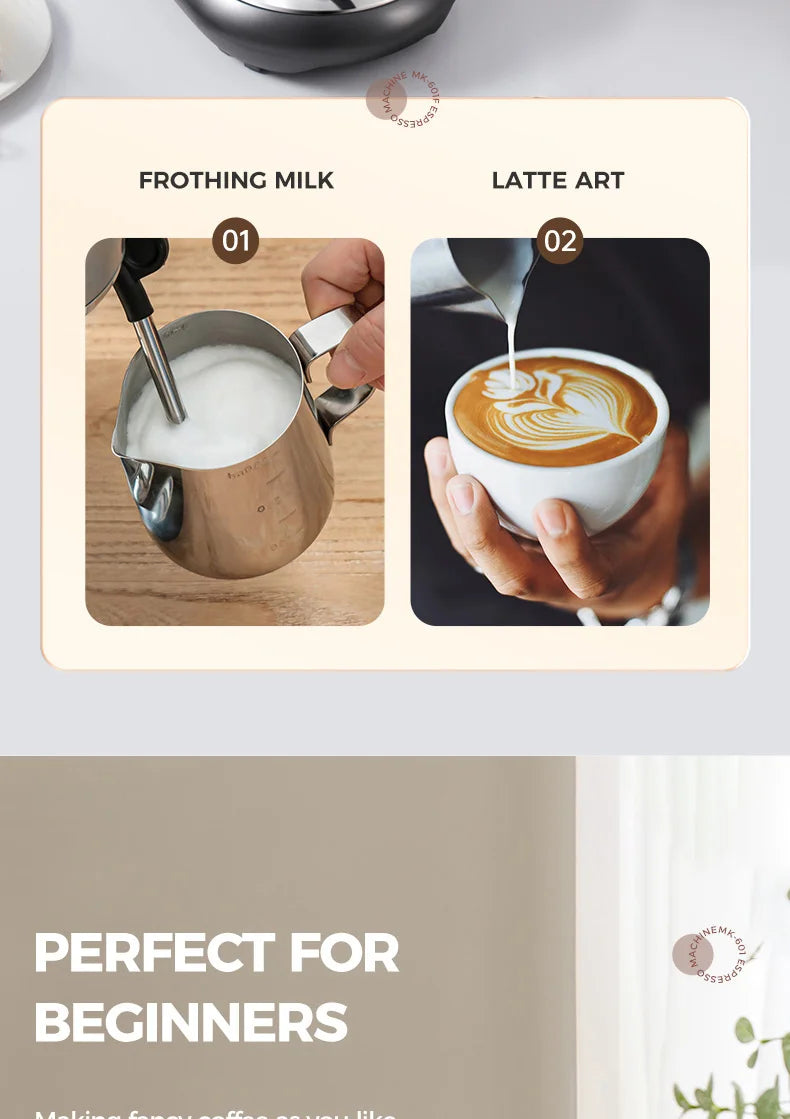 Instructions for frothing milk and creating latte art with a coffee machine.