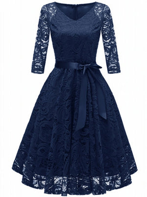 Women's Vintage Hollow Out Floral Lace Dress 3/4 Sleeve V-Neck Long Princess Dress Wedding Party Prom Cocktail Dress