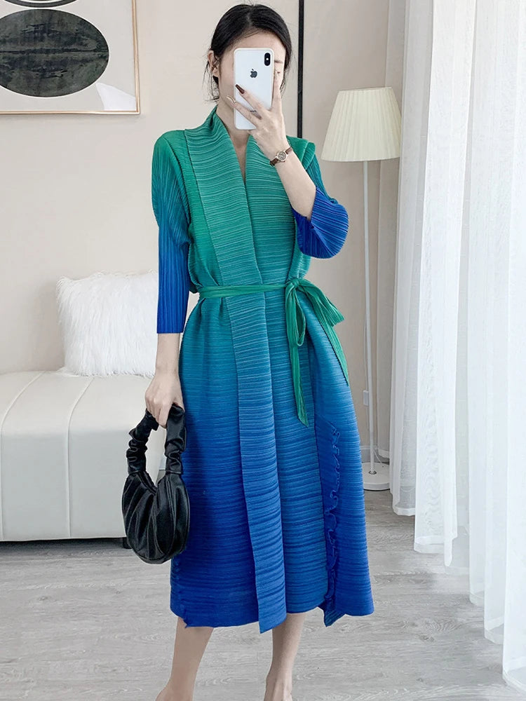 Gradient Color Pleated Dress For Women Open Stitch Belt Midi Elegant Party Cocktail Dresses