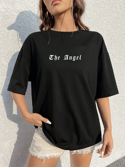 T-Shirt Women Angel Wings Graphic Oversized Hip Hop Streetwear Cotton Loose Short Sleeve Tee
