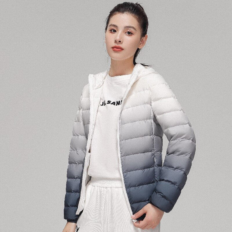 Luxury Hooded Lightweight Down Coat Slim Fit Gradient Pattern Coat for Women