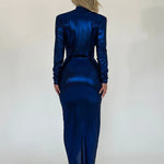 Deep V-Neck Long Sleeve Bodycon Maxi Dress For Women Autumn Winter New Ruched Shiny Sexy Chic Dress