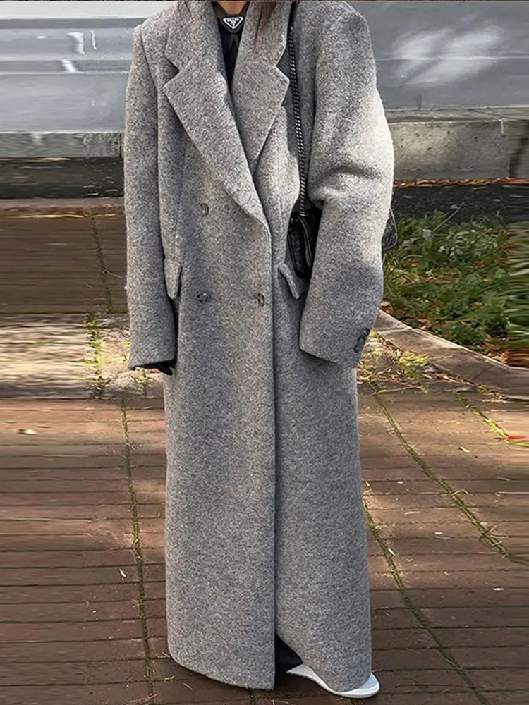 Classic Double-Breasted Long Faux Wool Coat for Women – Elegant Winter Overcoat