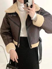 Women's Winter Faux Leather Vegan Fur Short Jacket with Belt Aviator Style Thick Warm Coat