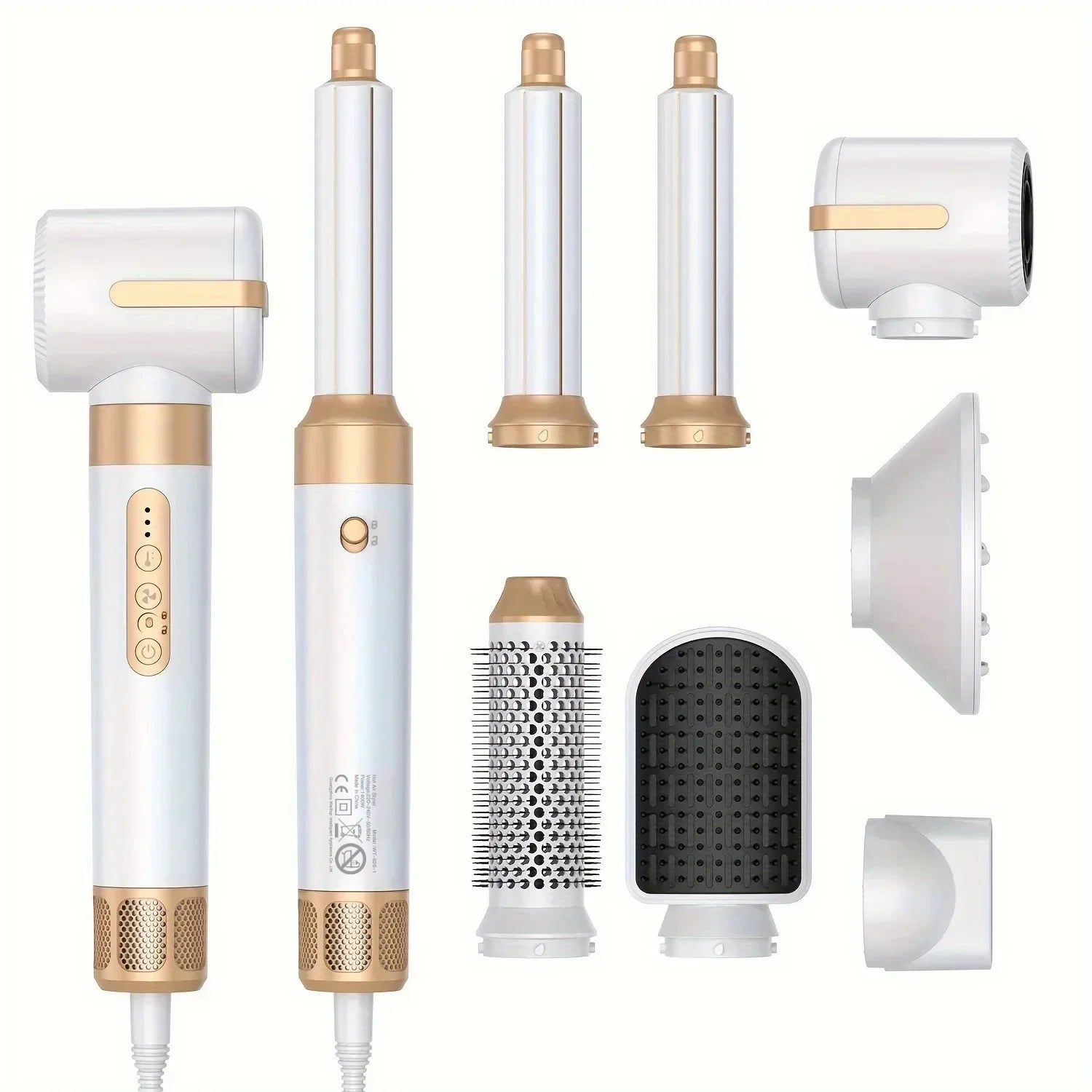 Set of white and gold hair styling tools with various attachments on a white background