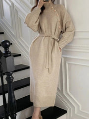 Vintage Mock Neck Midi Dress Long Sleeve Knitted  Long Dresses Ribbed Mock Neck With Buttons