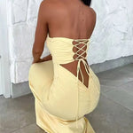 Strapless Backless Lace-Up Maxi Dress Spring Summer Off-Shoulder Sleeveless Sexy Bodycon Club Party Long Dress